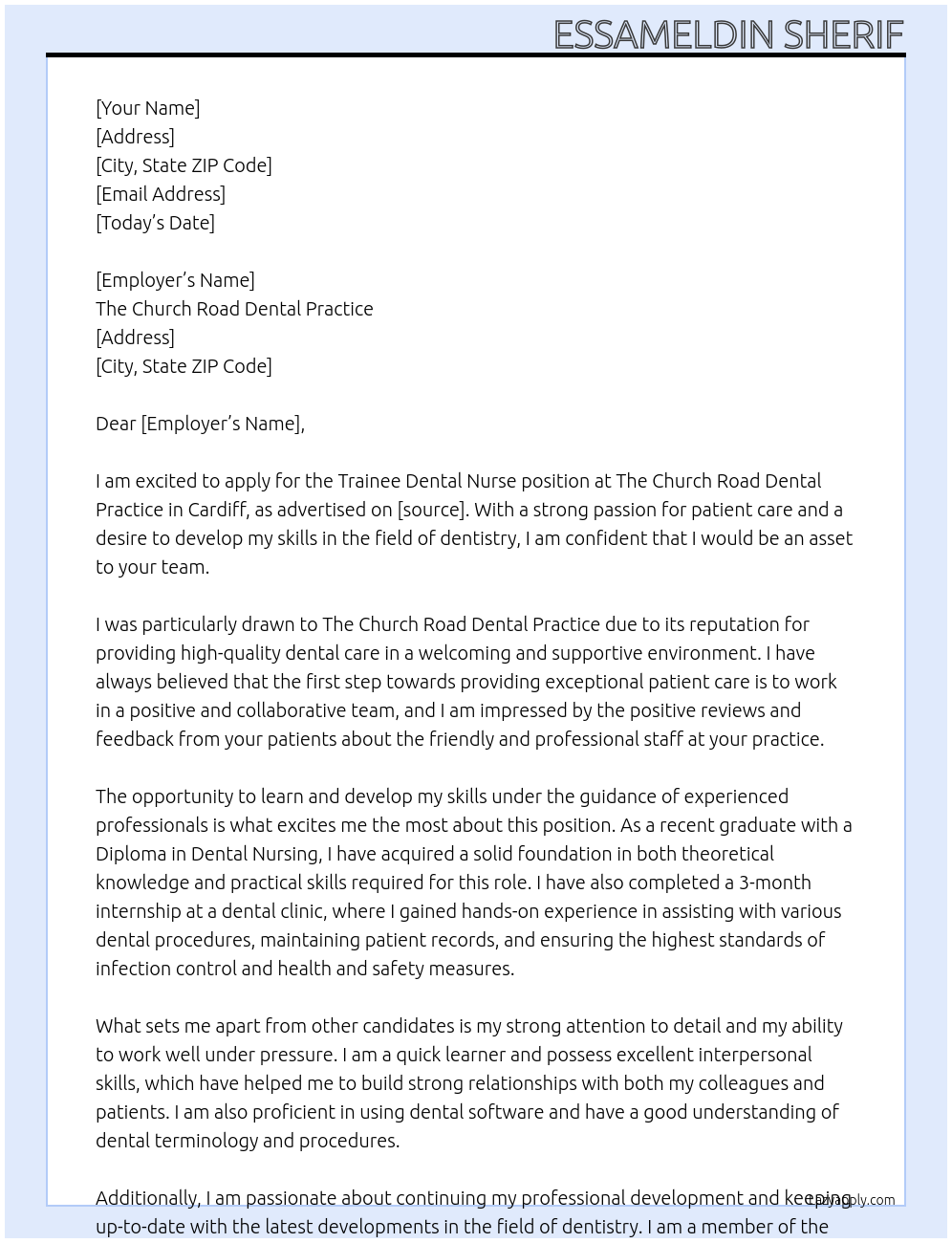 Trainee dental nurse At The Church Road Dental Practice - Cardiff Cover Letter