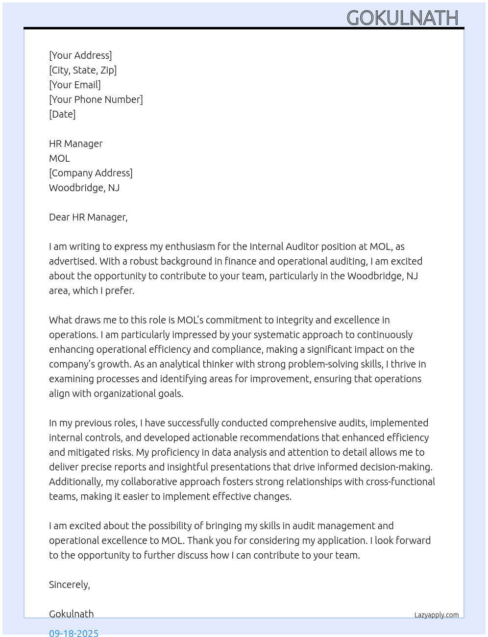 Cover letter for internal auditor - LazyApply