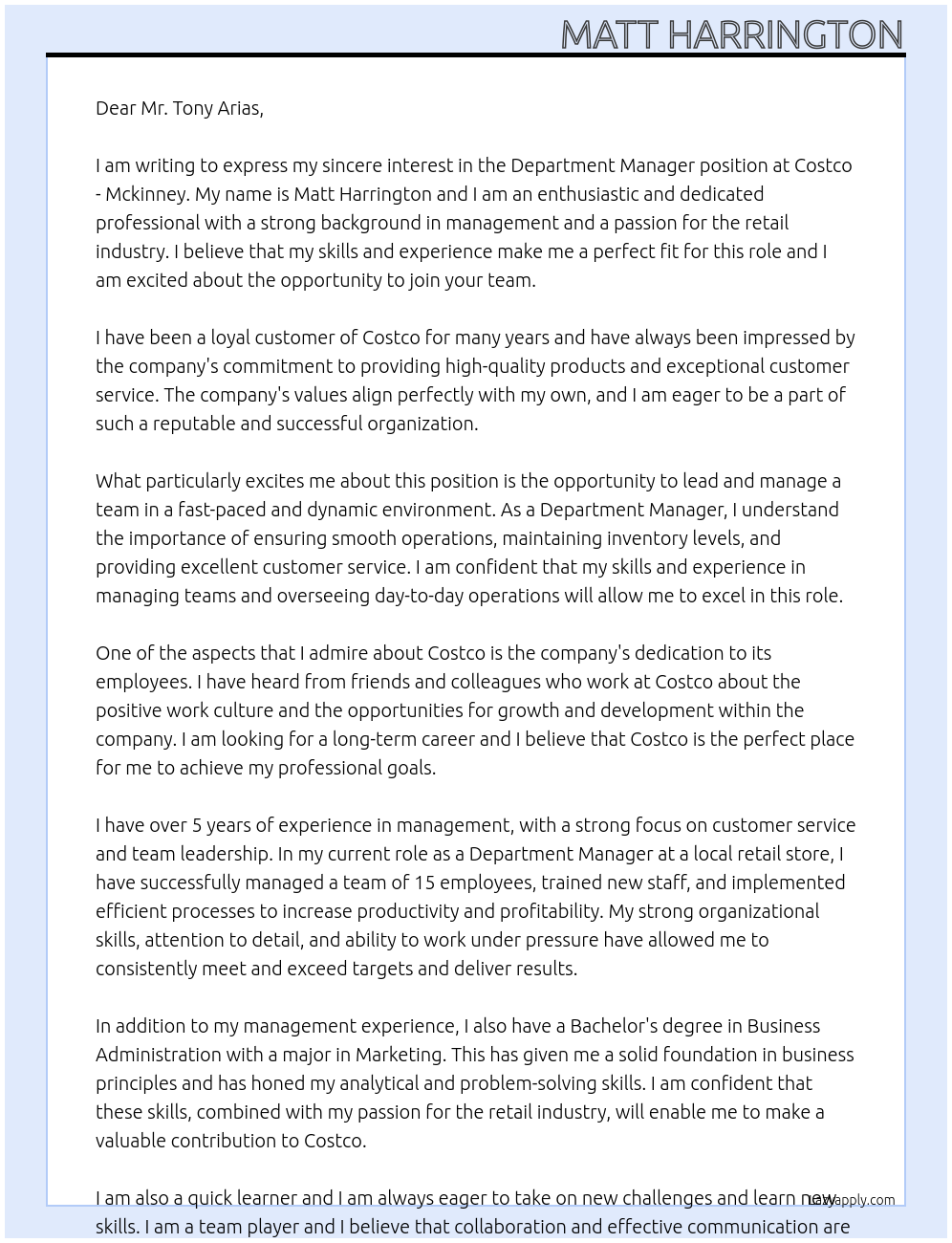 Department manager At Costco - Mckinney Cover Letter