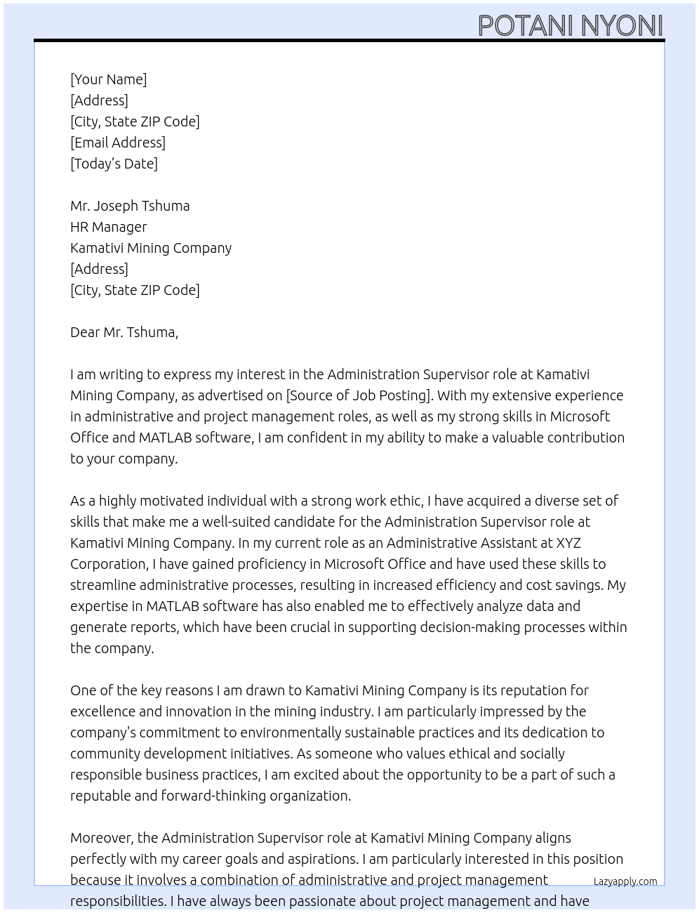 Administration Supervisor At Kamativi Mining Company Cover Letter