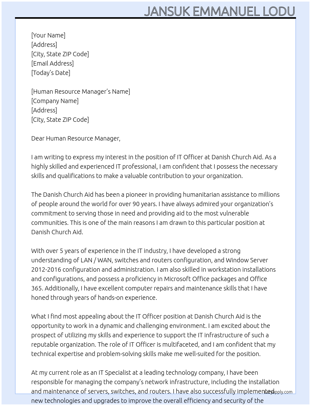 IT Officer At Danish Church Aid Cover Letter