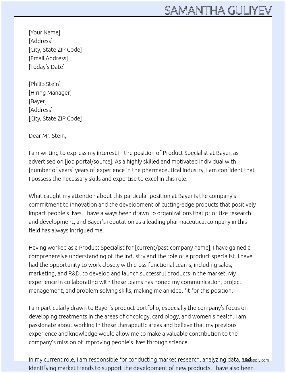 Product specialist At Bayer Cover Letter