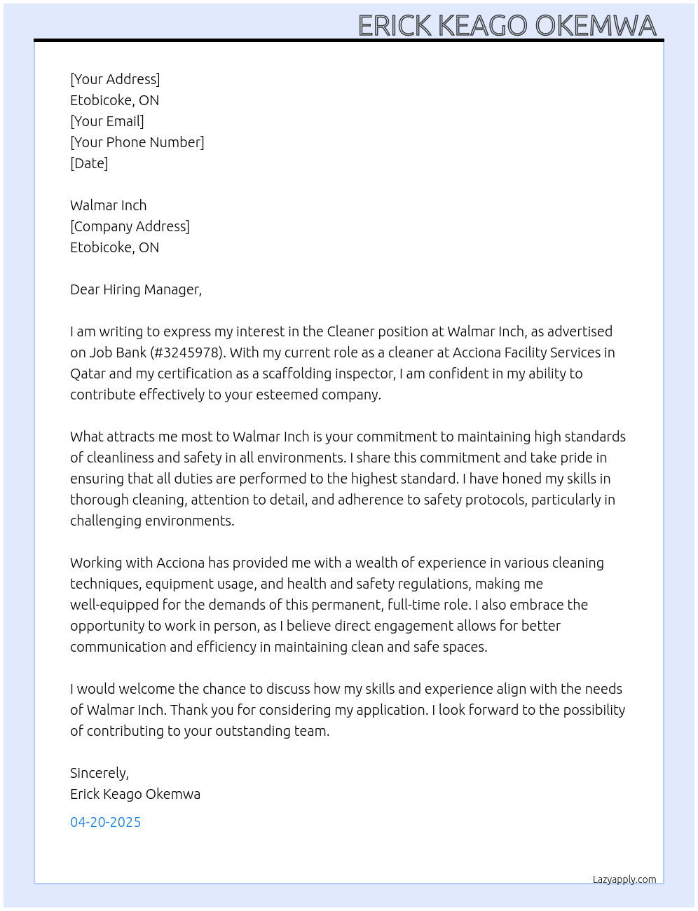 Cleaner  At Walmar Inch  Cover Letter