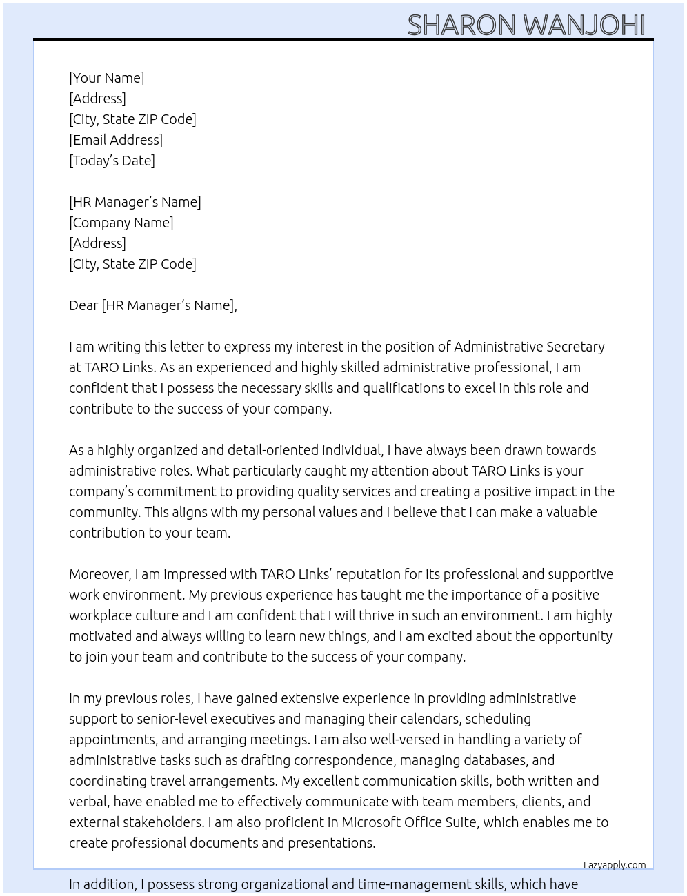 Administrative Secretary At TARO Links Cover Letter