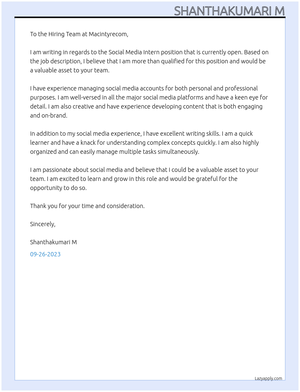 Social media intern At Macintyrecom Cover Letter