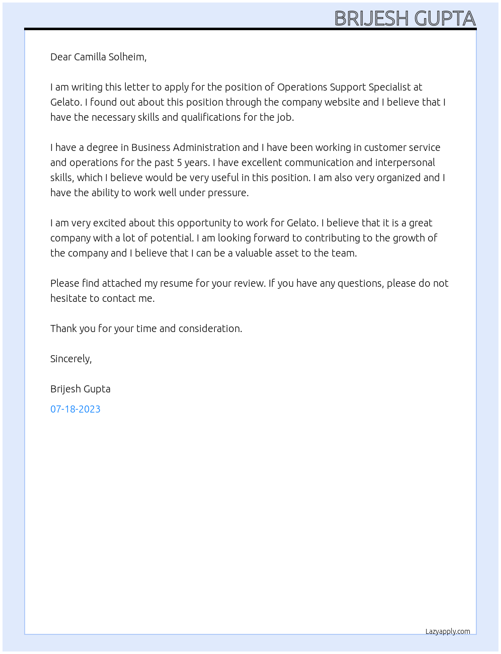 Operations Support Specialist At Gelato Cover Letter