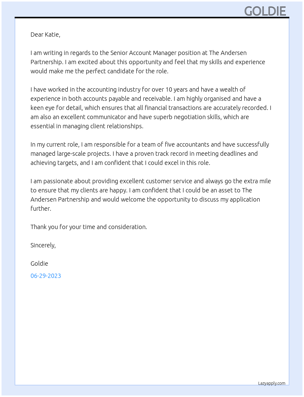 Senior Account Manager At The Andersen Partnership Cover Letter