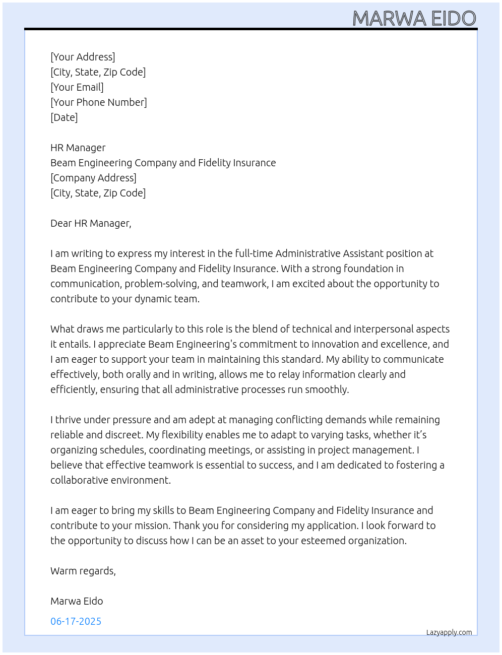 administrative assistant At beam engineering company and Fidelity Insurance Cover Letter