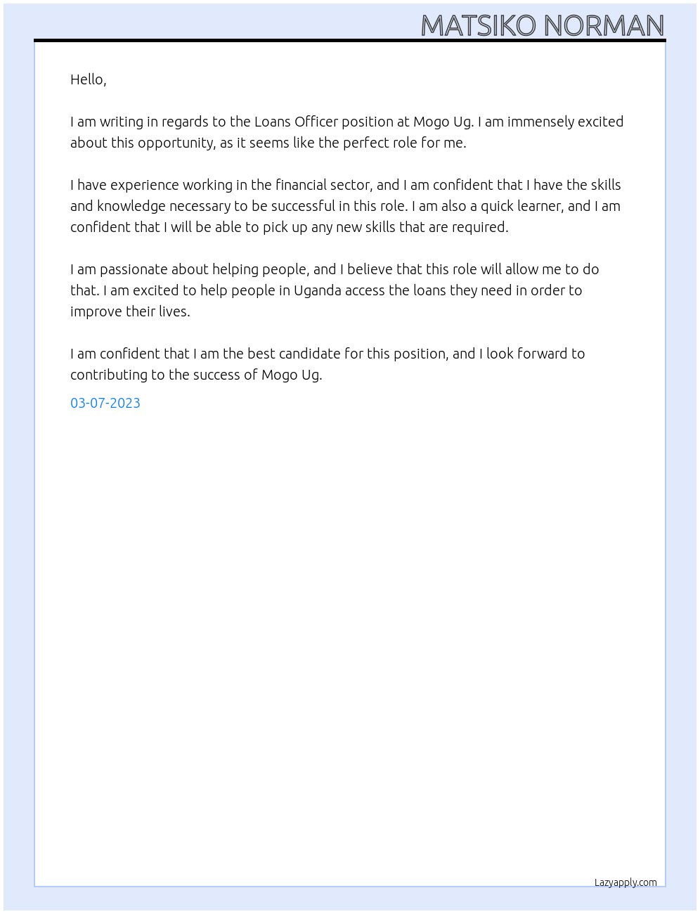 Loans Officer At Mogo Ug  Cover Letter