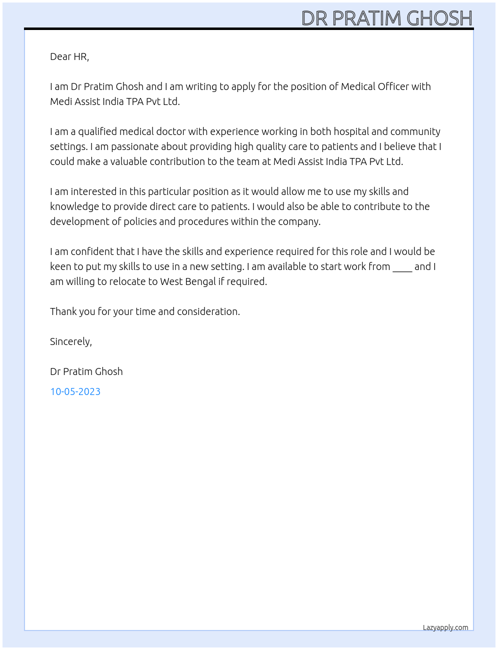  Medical Officer At Medi Assist India TPA Pvt Ltd Cover Letter