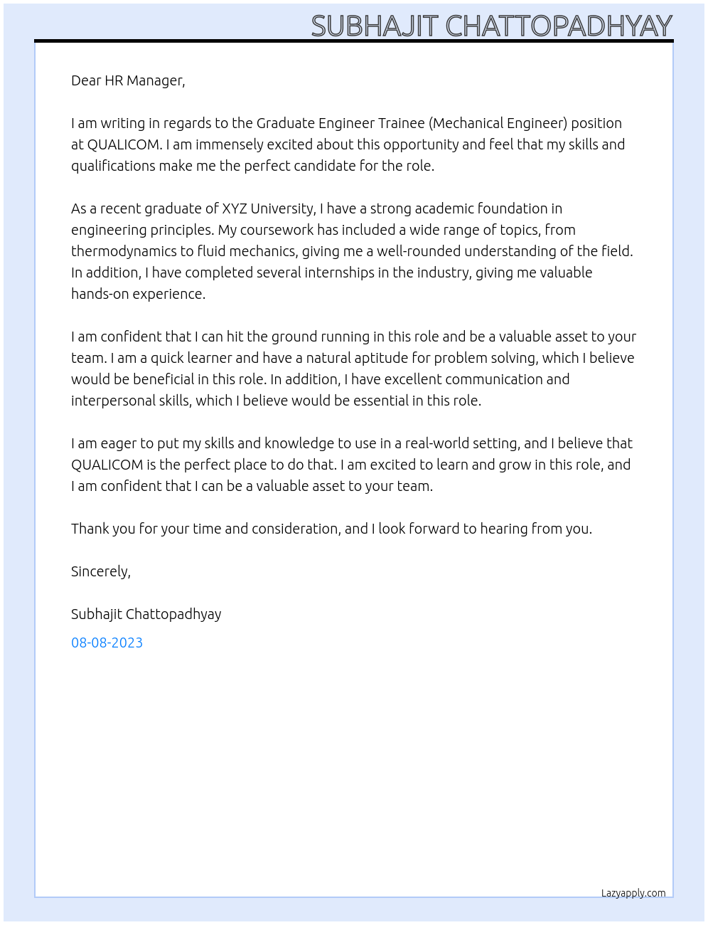 Graduate Engineer Trainee (Mechanical Engineer) At QUALICOM Cover Letter