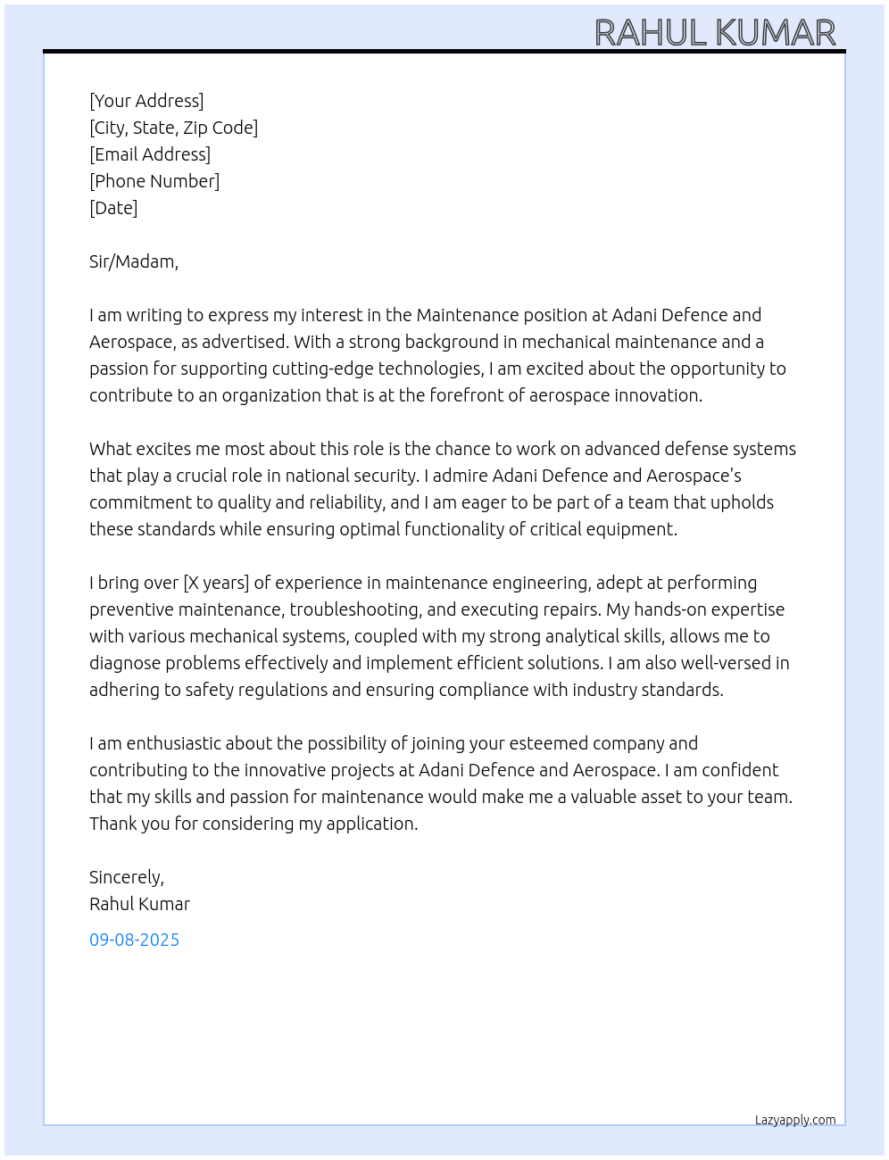 maintenance  At adani defence and Aerospace  Cover Letter