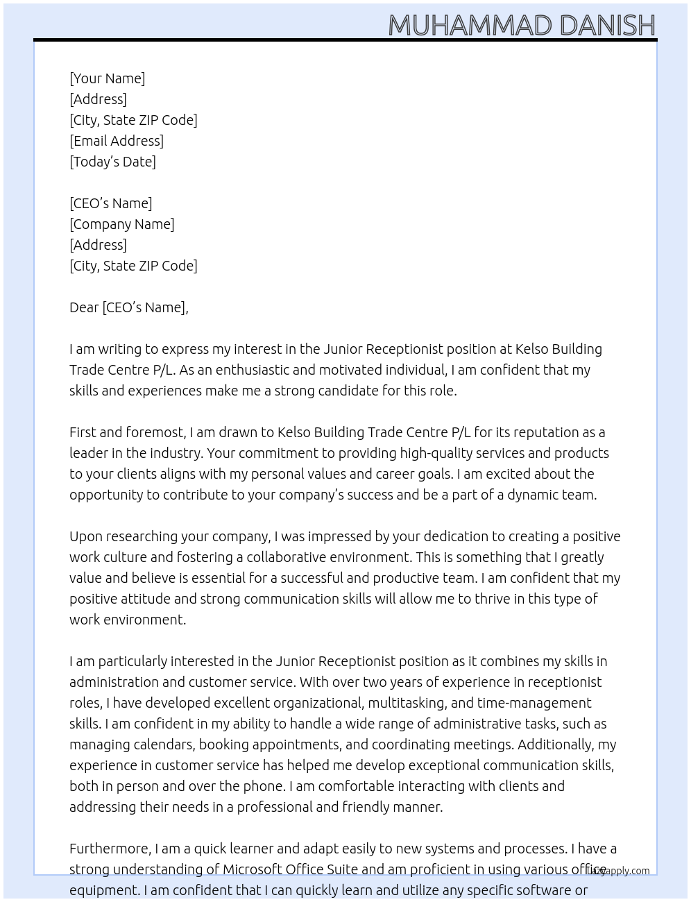 Junior Receptionist At Kelso Building Trade Centre P/L Cover Letter