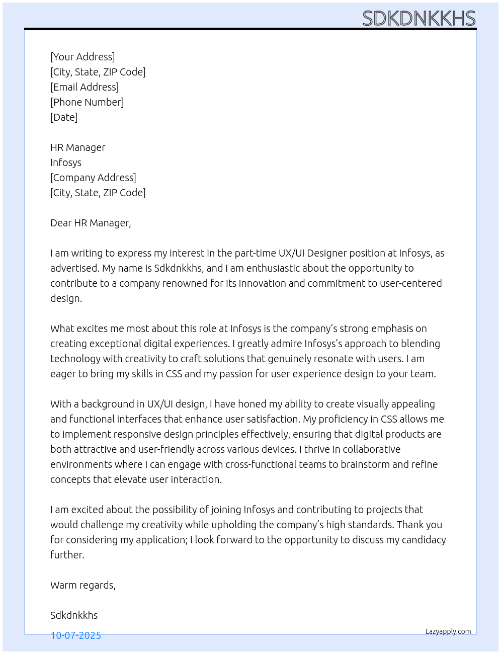 UX/UI Designer At Infosys Cover Letter