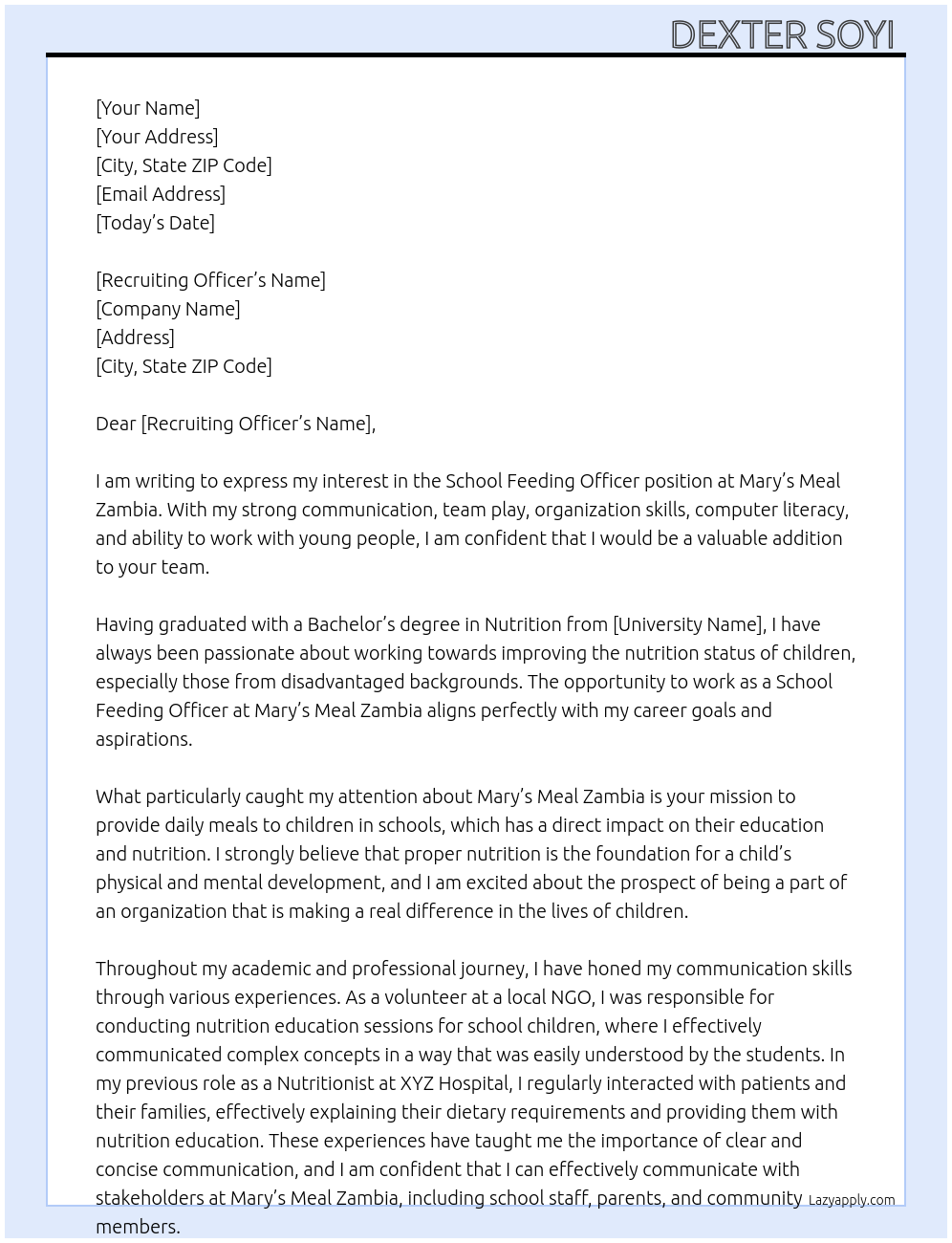 School feeding officer  At Mary's meal Zambia  Cover Letter