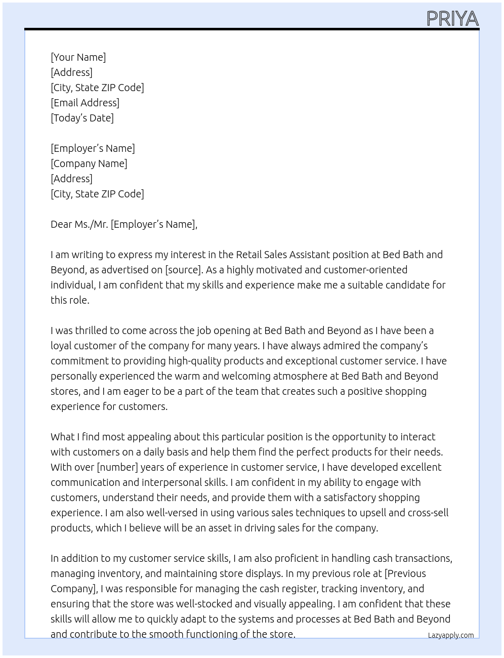 retail sales assistant At bed bath and beyond Cover Letter