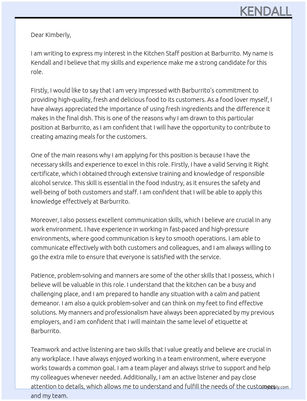 Kitchen Staff At Barburrito Cover Letter
