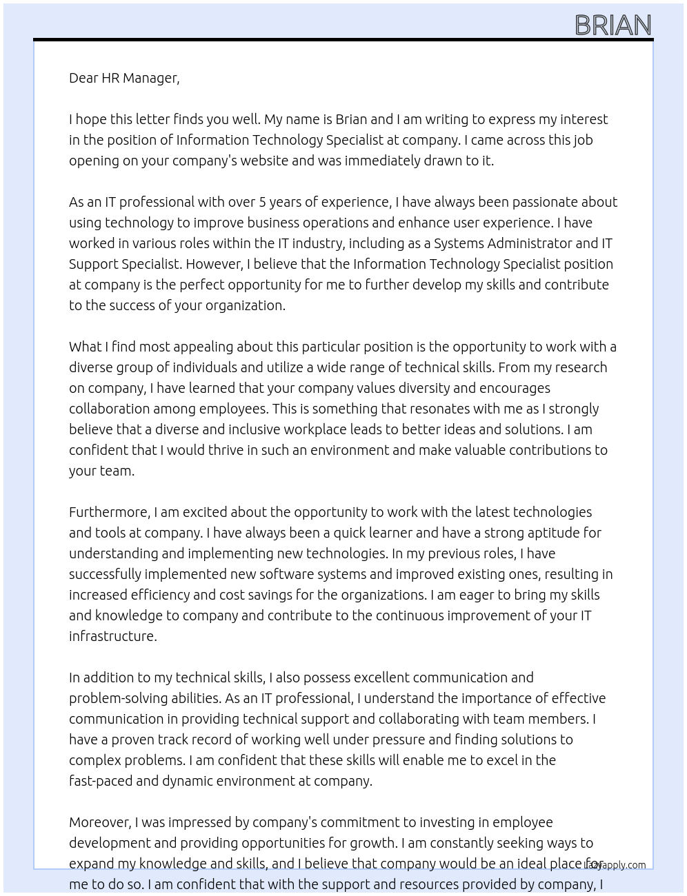 Information Technology Specialist At company Cover Letter