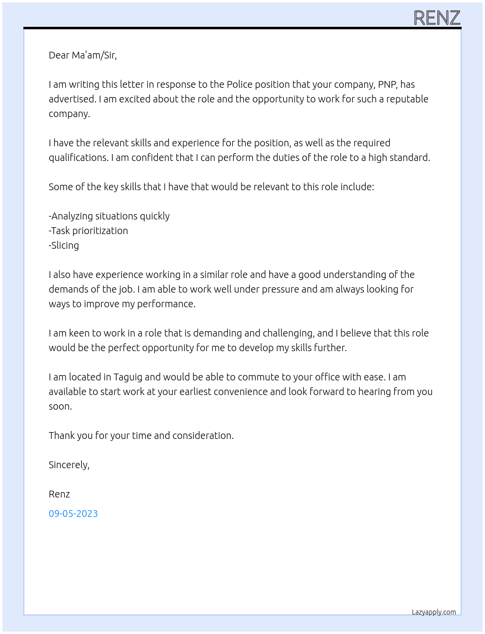 Police At PNP Cover Letter