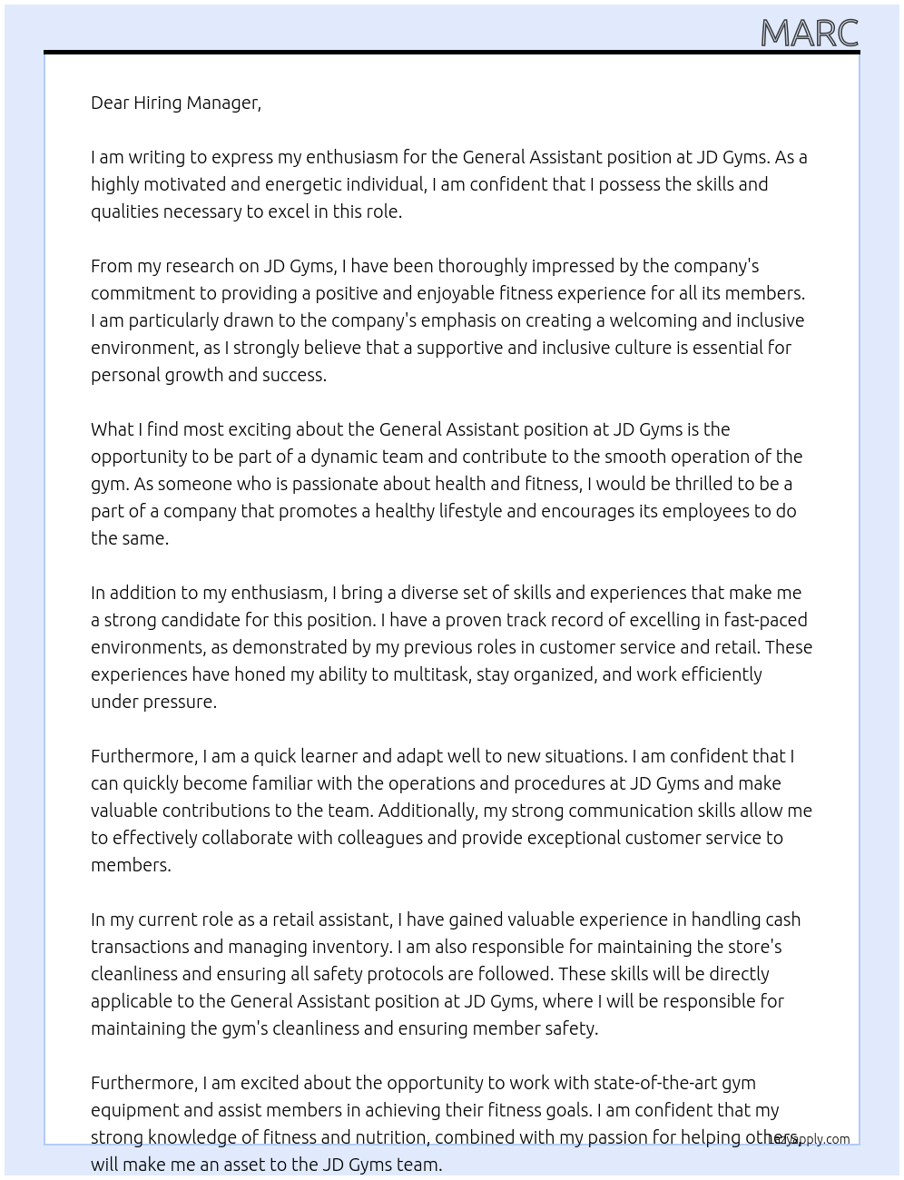 General Assistant At JD Gyms Cover Letter