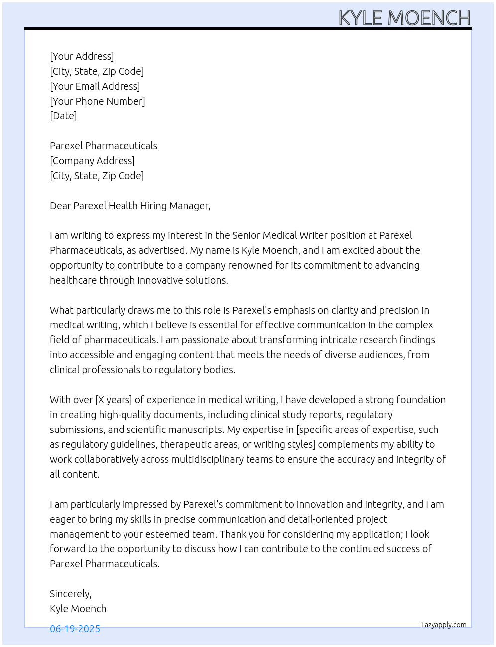 Cover letter for senior medical writer - LazyApply