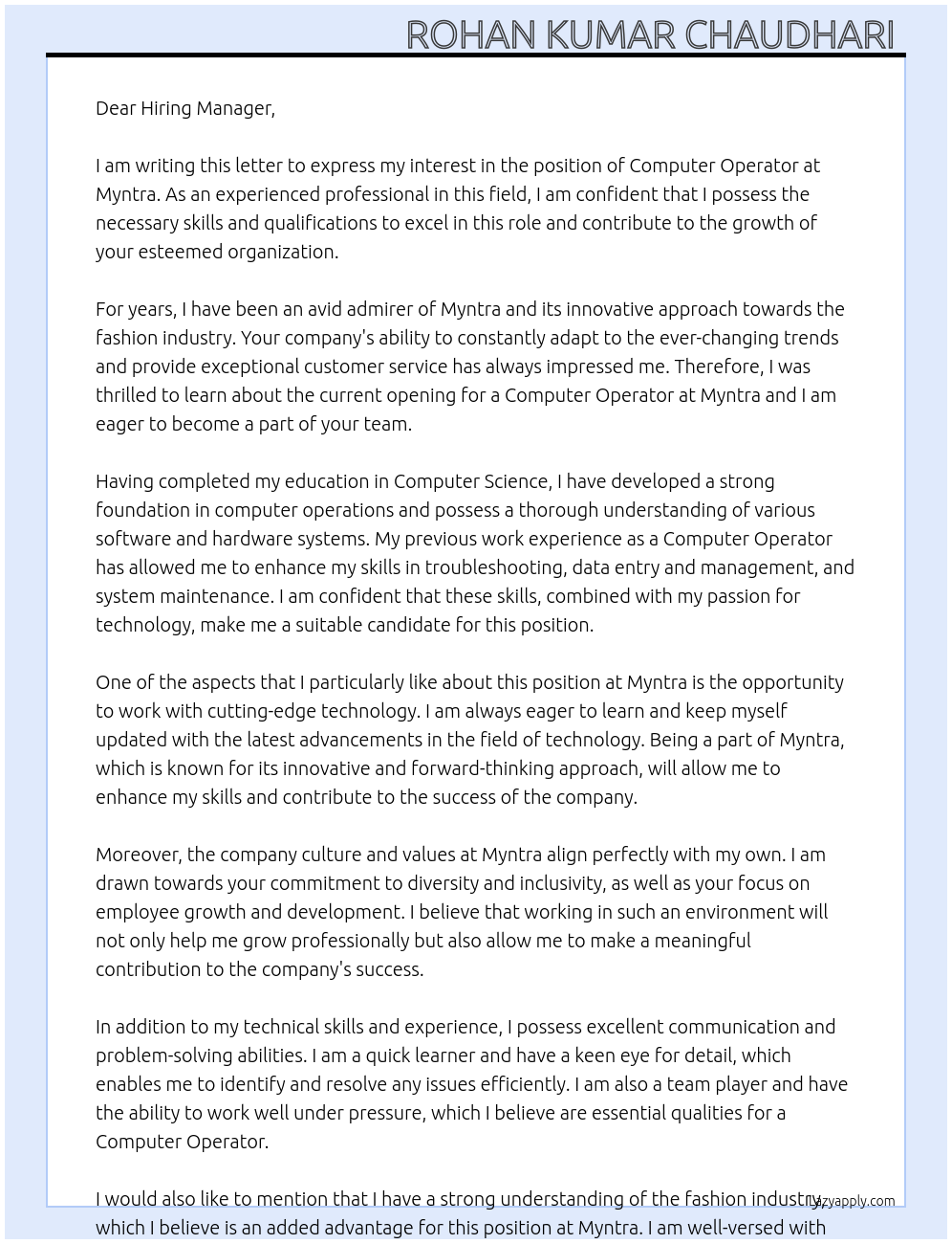 COMPUTER OPERATOR At MYNTRA Cover Letter