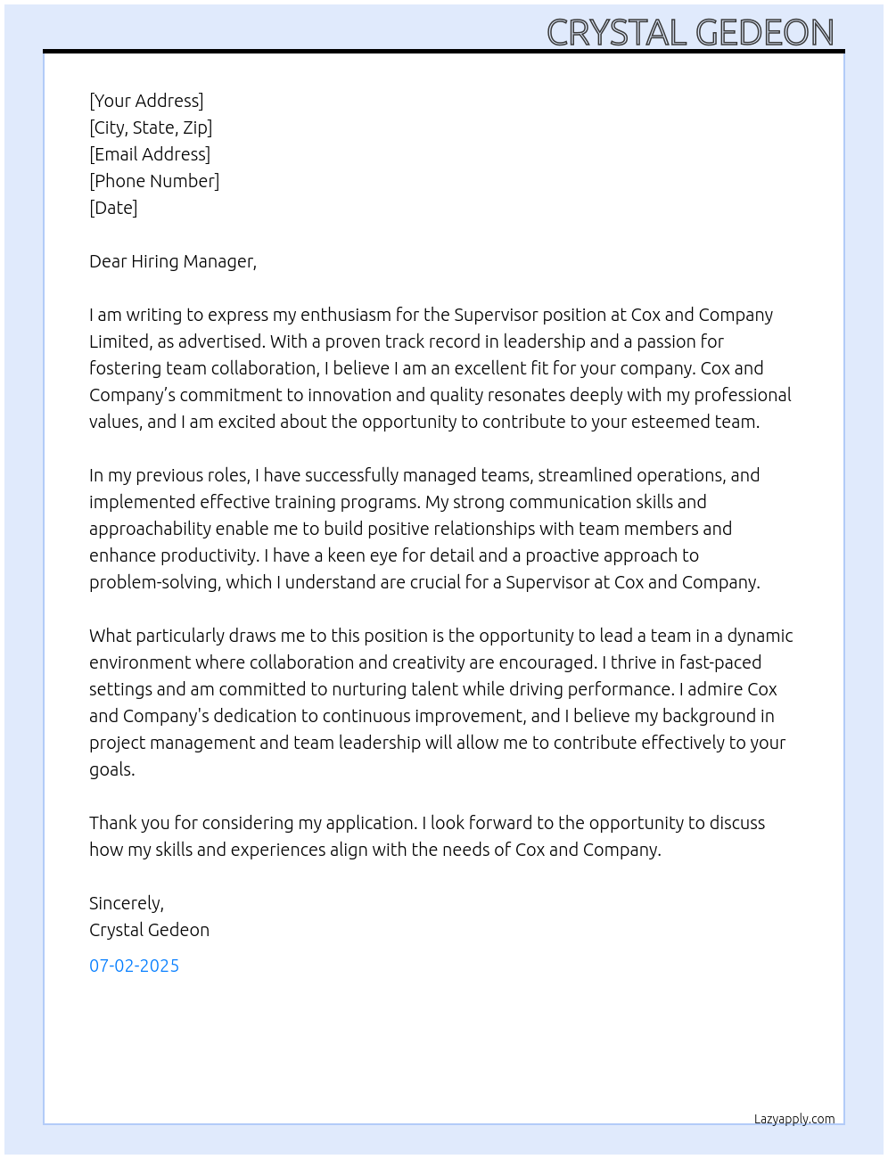 Supervisor At Cox and Company Limited Cover Letter