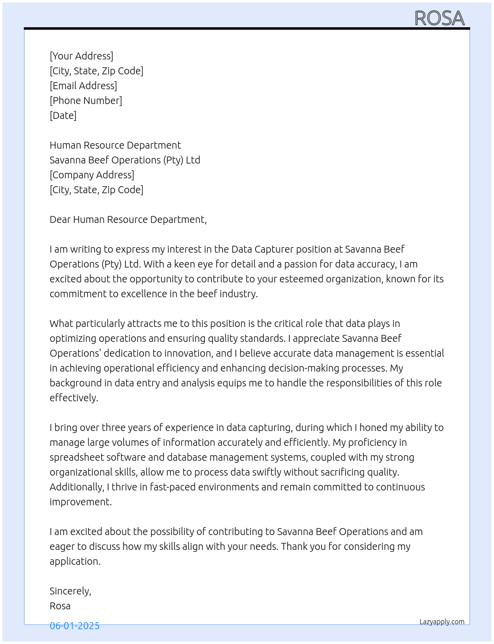 Data Capturer ,Weighing  At Savanna Beef Operations (Pty)Ltd Cover Letter