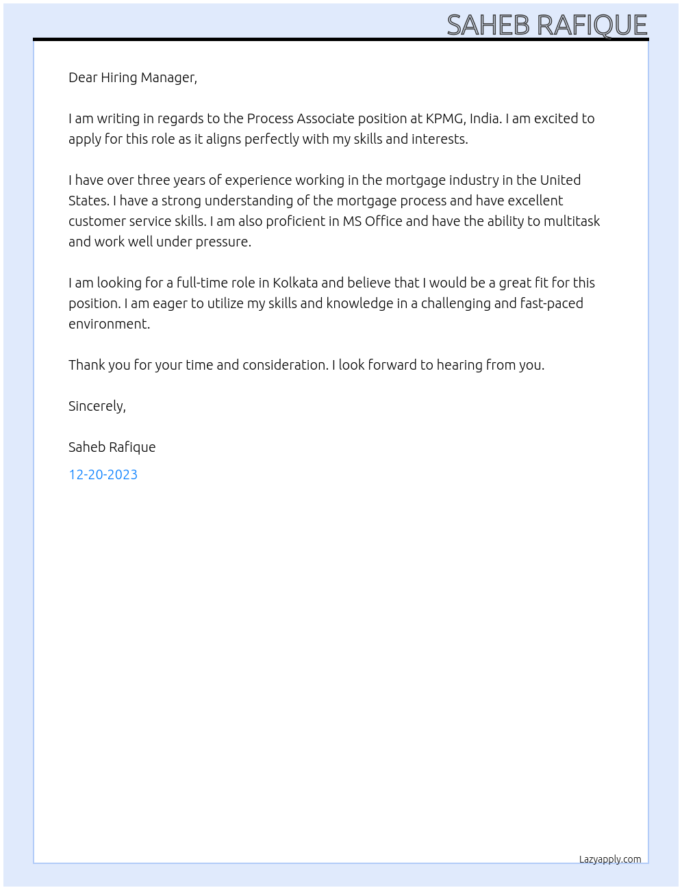 Process Associate At KPMG, India Cover Letter