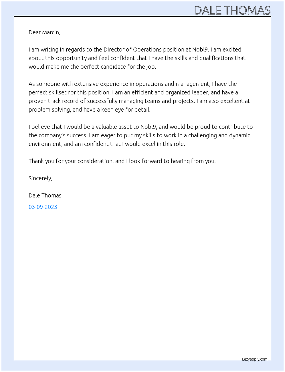 Director of Operations At Nobl9 Cover Letter