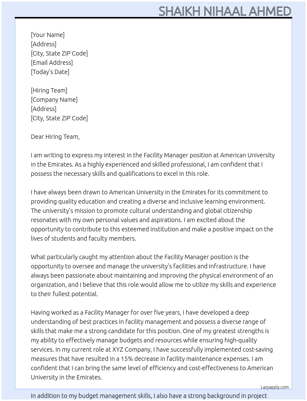 Facility Manager At American University in the Emirates Cover Letter