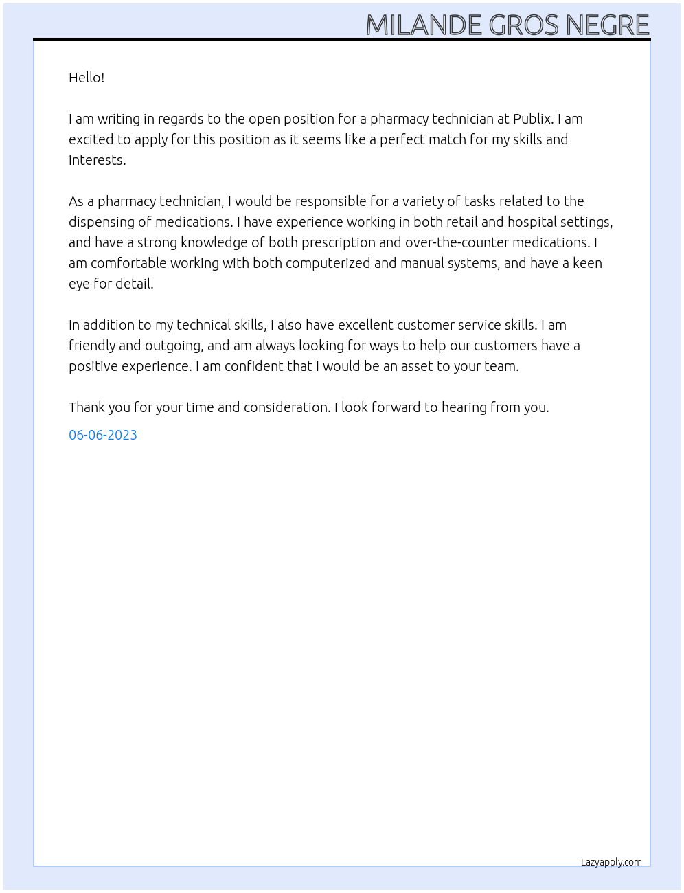 Pharmacy Technician At publix Cover Letter