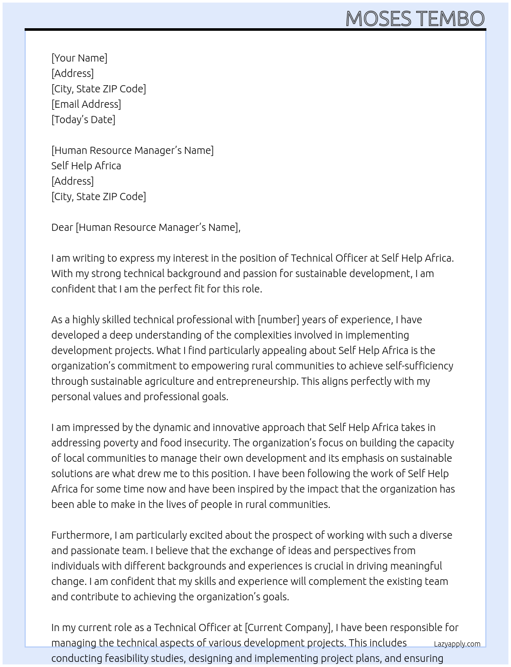 Technical officer  At Self help Africa  Cover Letter