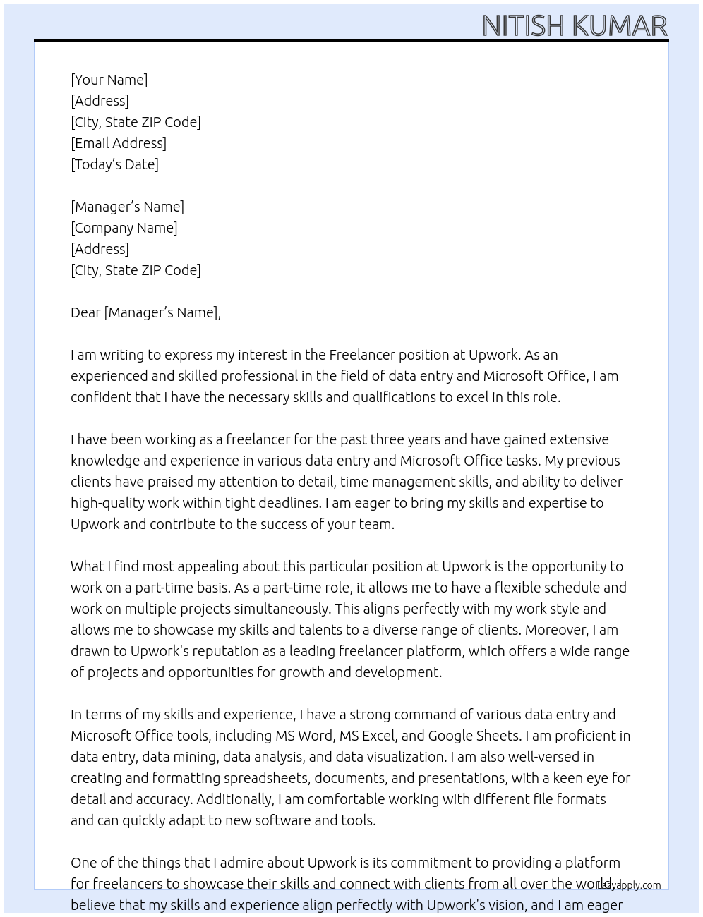 Freelancer At Up work Cover Letter