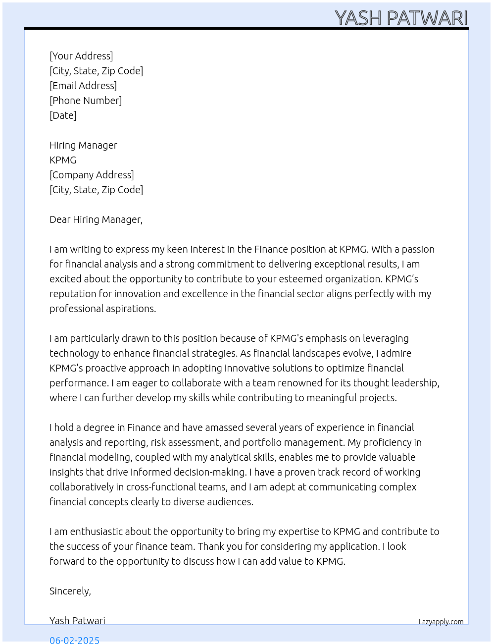 Finance At KPMG Cover Letter