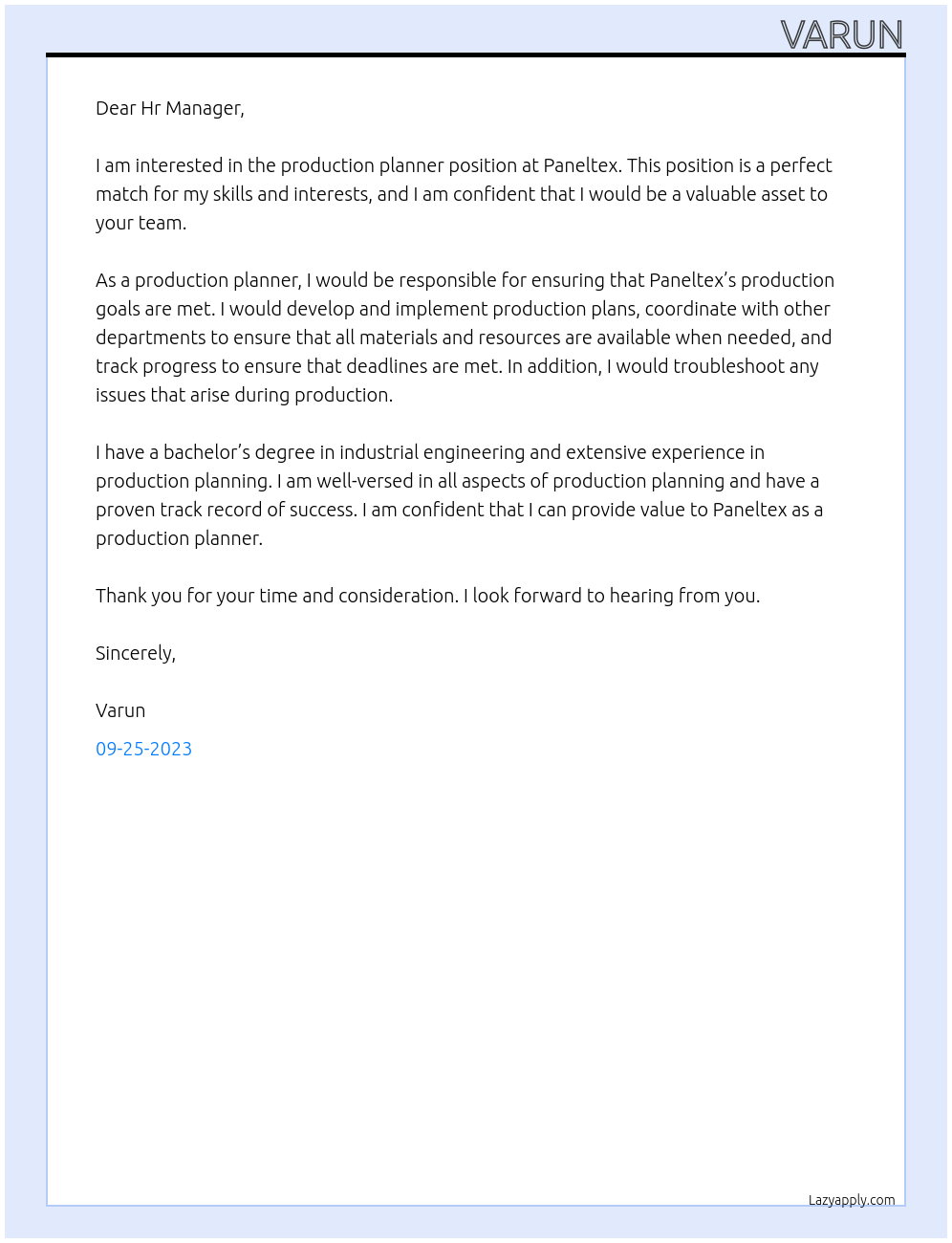 Production planner At Paneltex Cover Letter