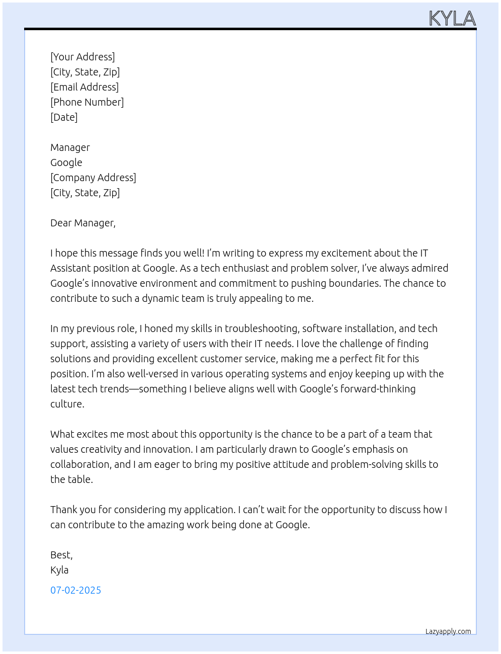 IT Assistant At Google Cover Letter