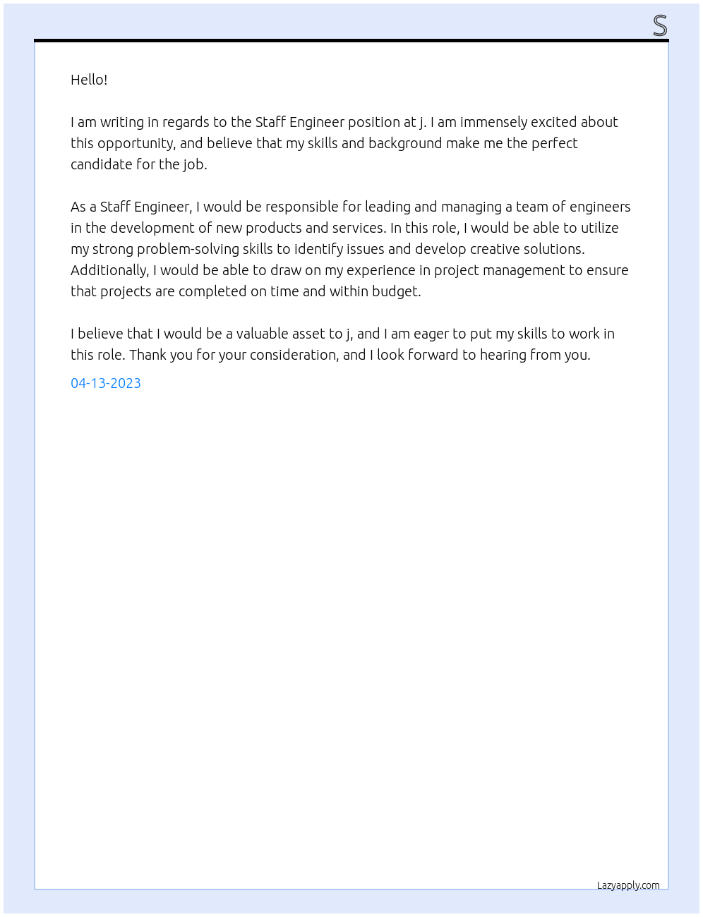 Staff Engineer At j Cover Letter