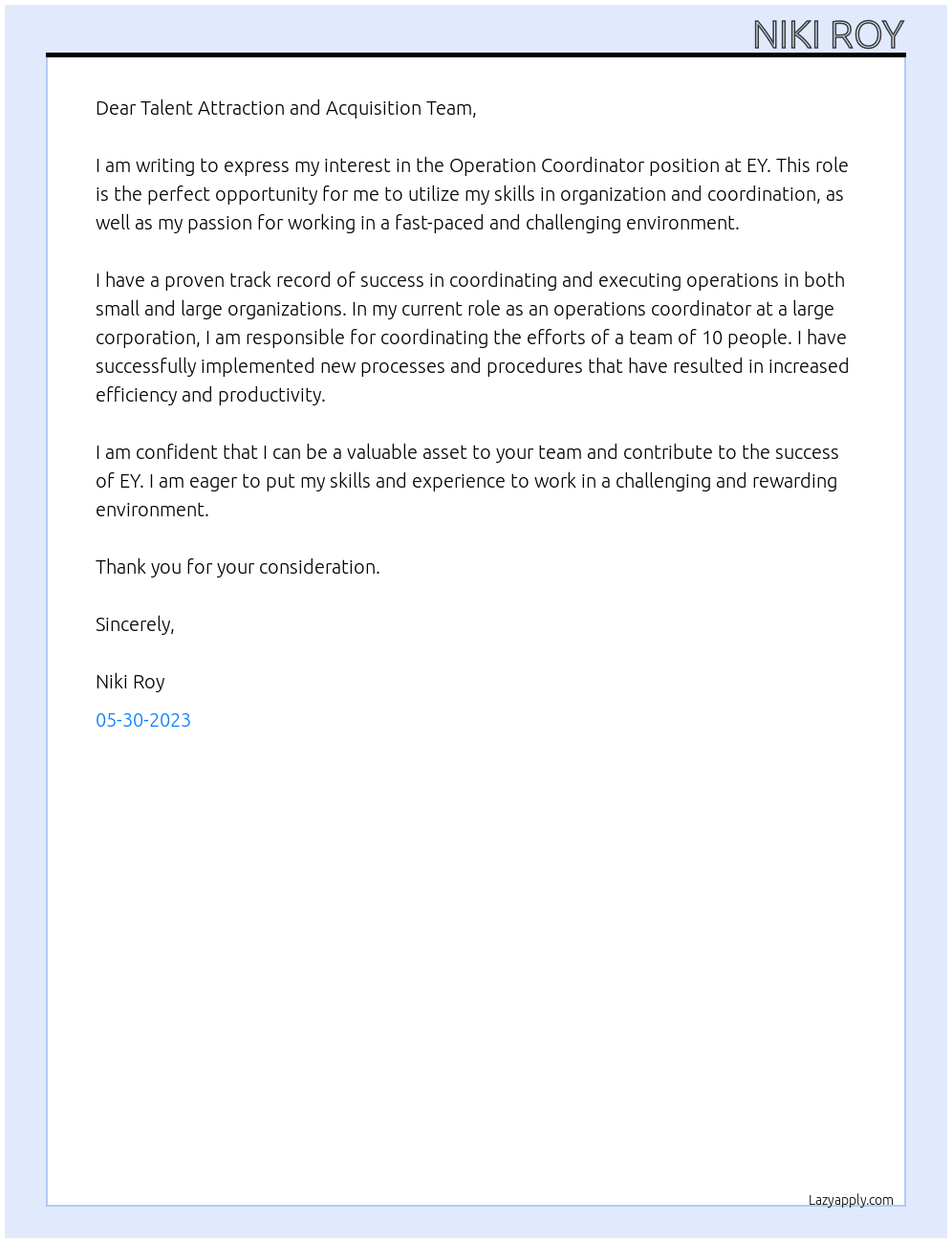 operation coordinator At EY Cover Letter