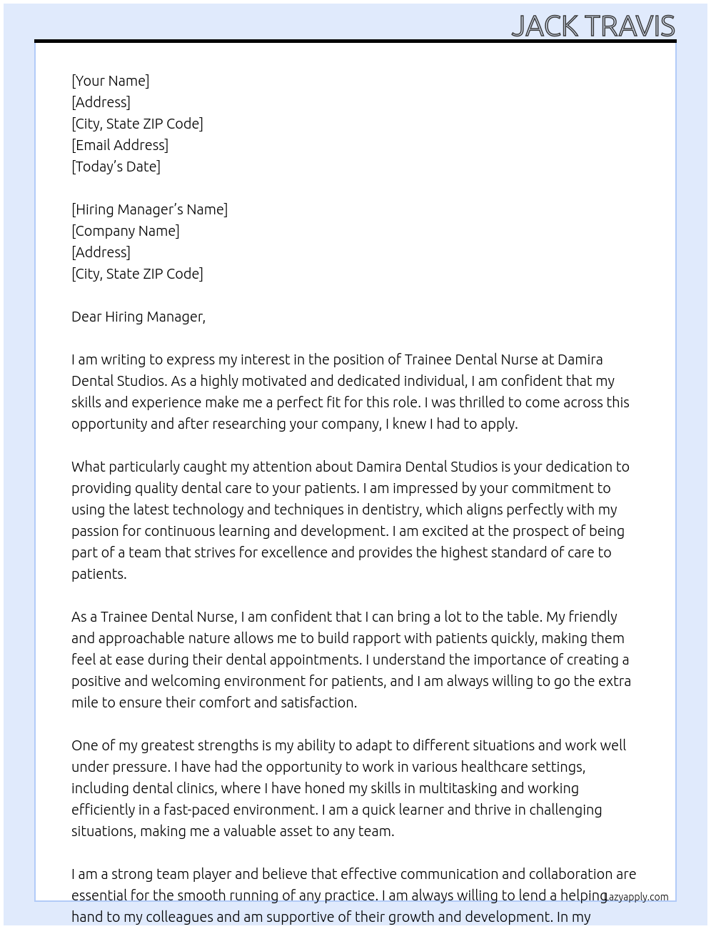 Trainee Dental Nurse At Damira Dental Studios Cover Letter