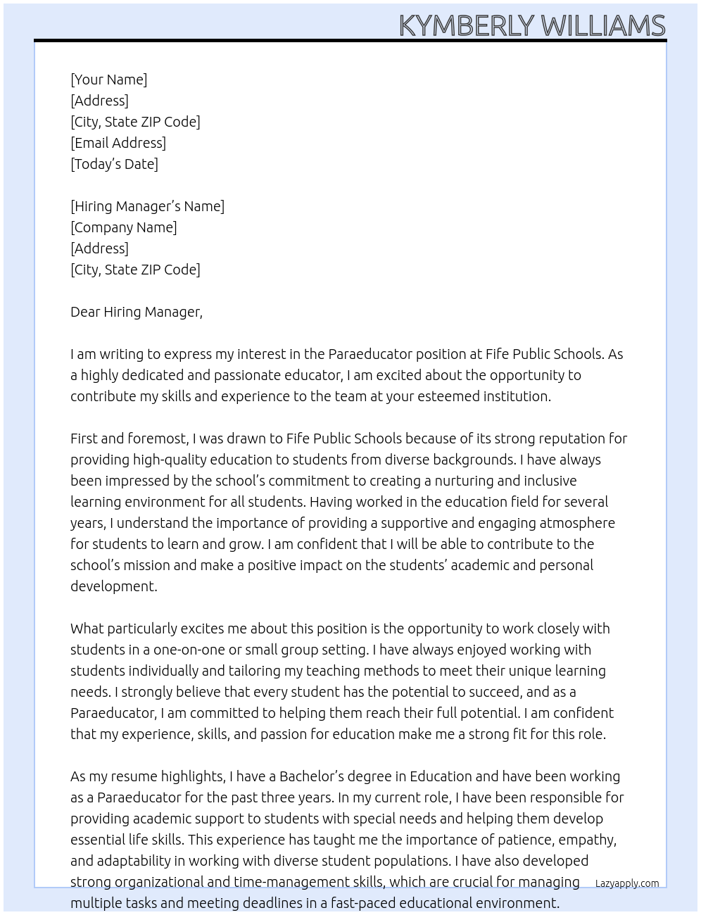 Paraeducator At Fife Public Schools Cover Letter