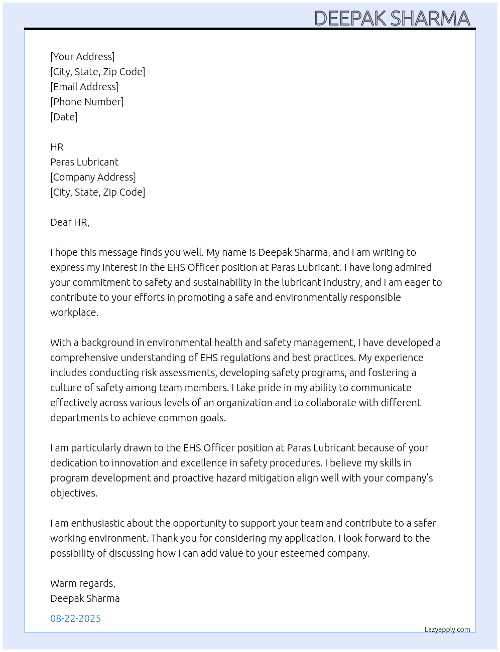 EHS officer  At Paras lubricant  Cover Letter