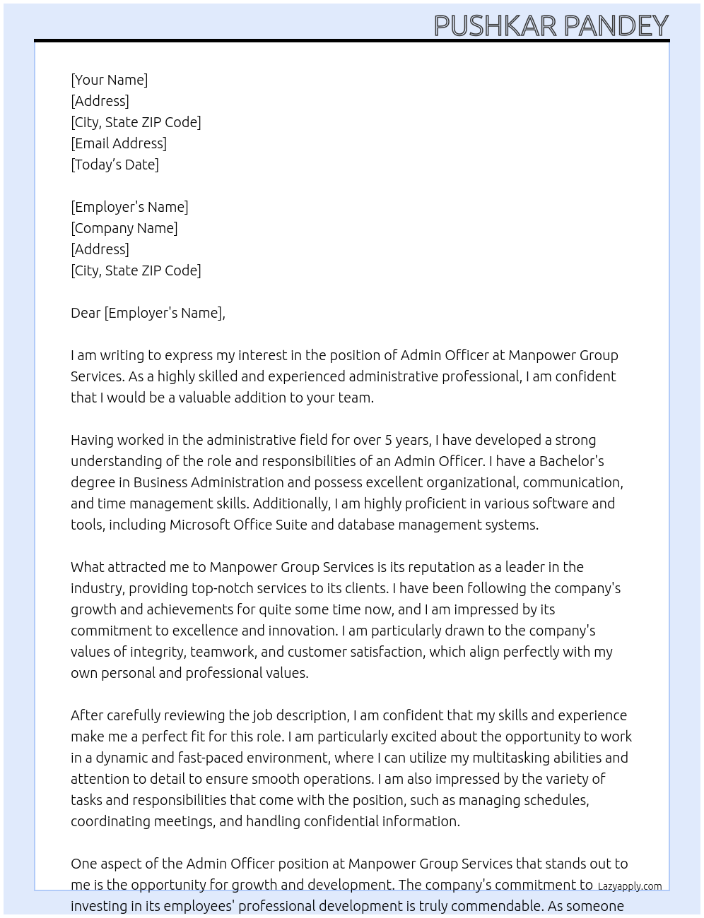 Admin Officer At Manpower Group Services Cover Letter