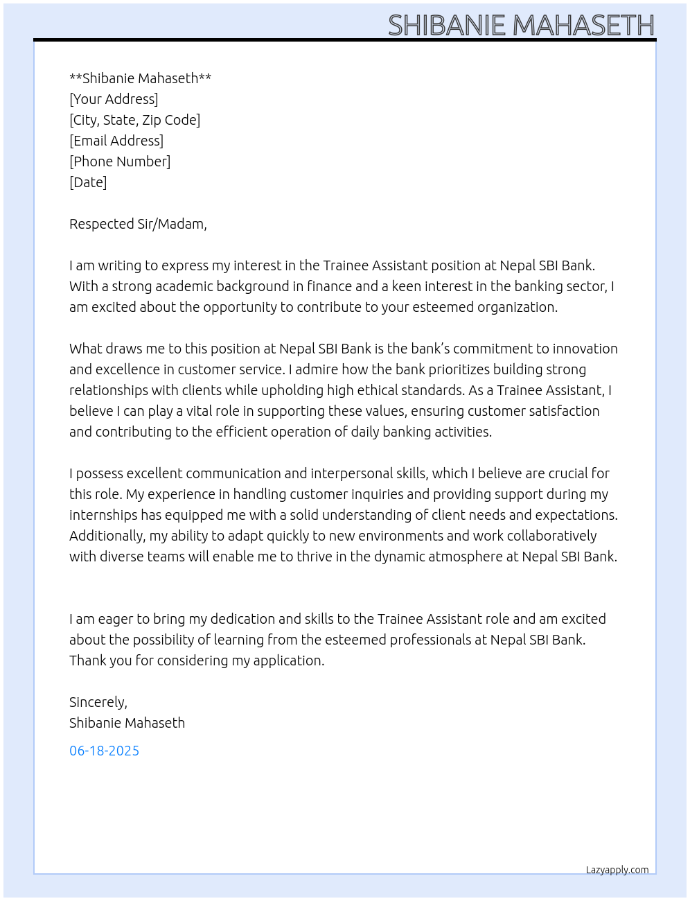 Trainee Assistant At Nepal SBI Bank Cover Letter