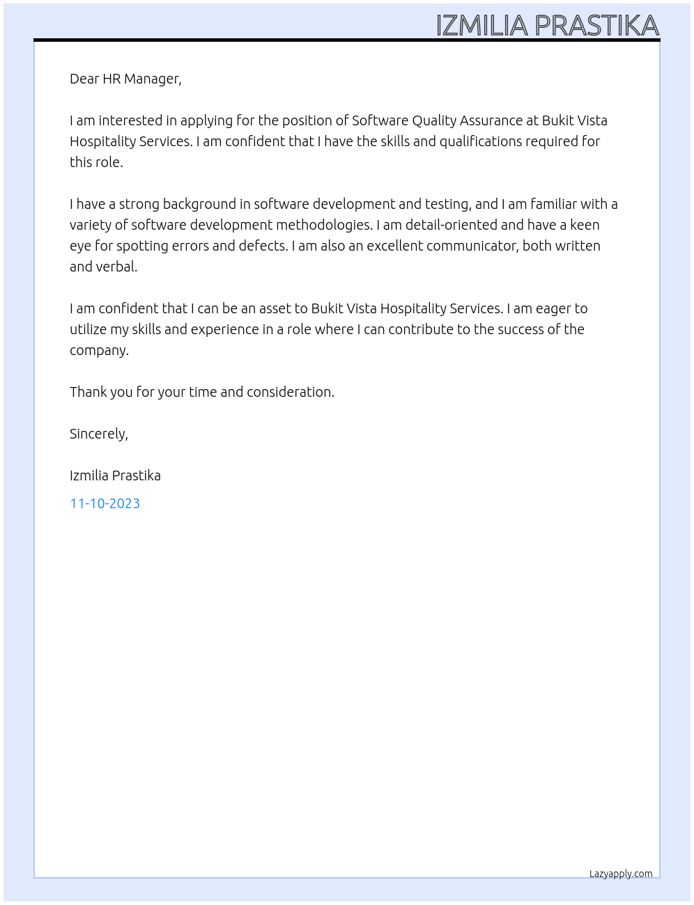 Software Quality Assurance At Bukit Vista Hospitality Services Cover Letter