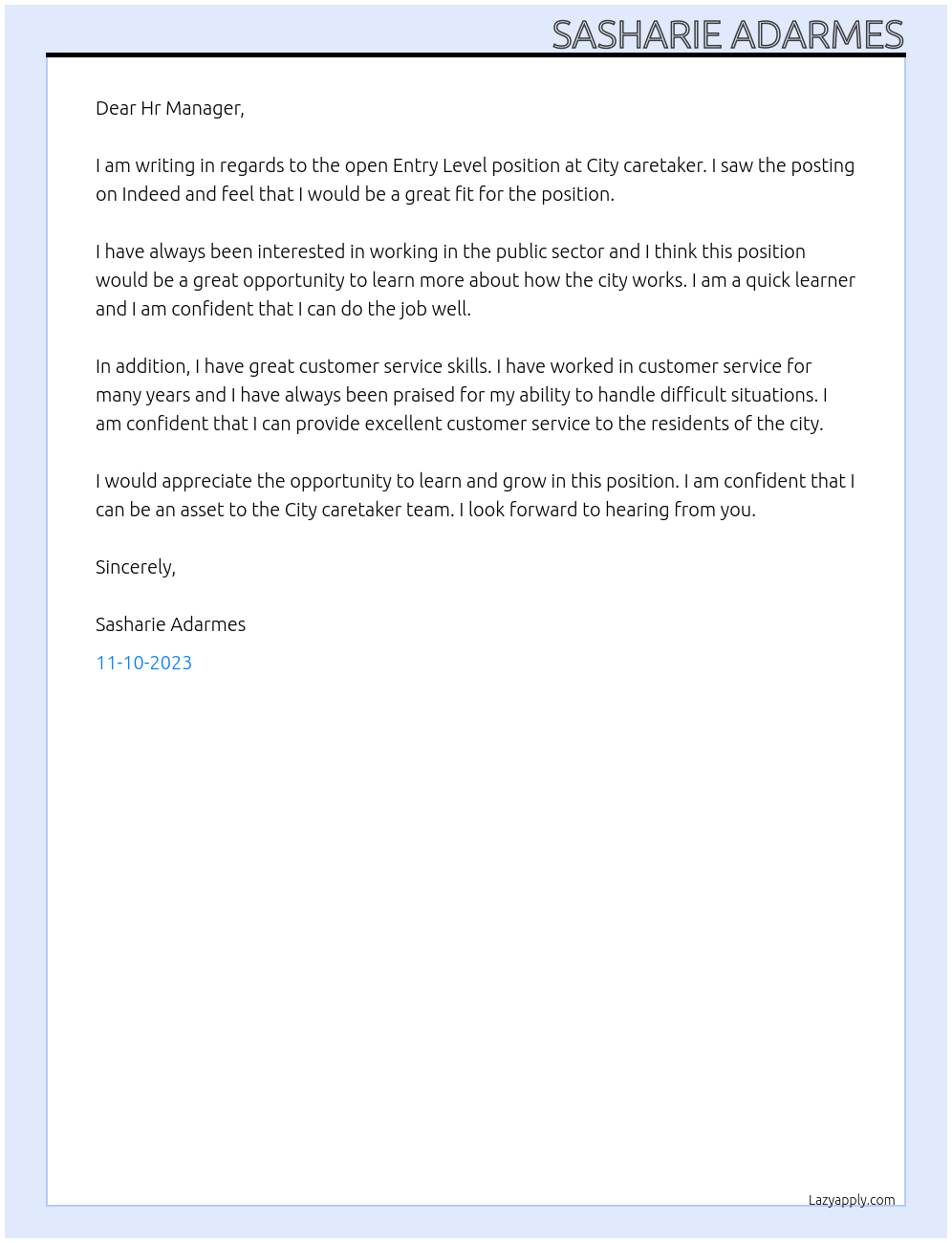 Entry Level At City caretaker Cover Letter