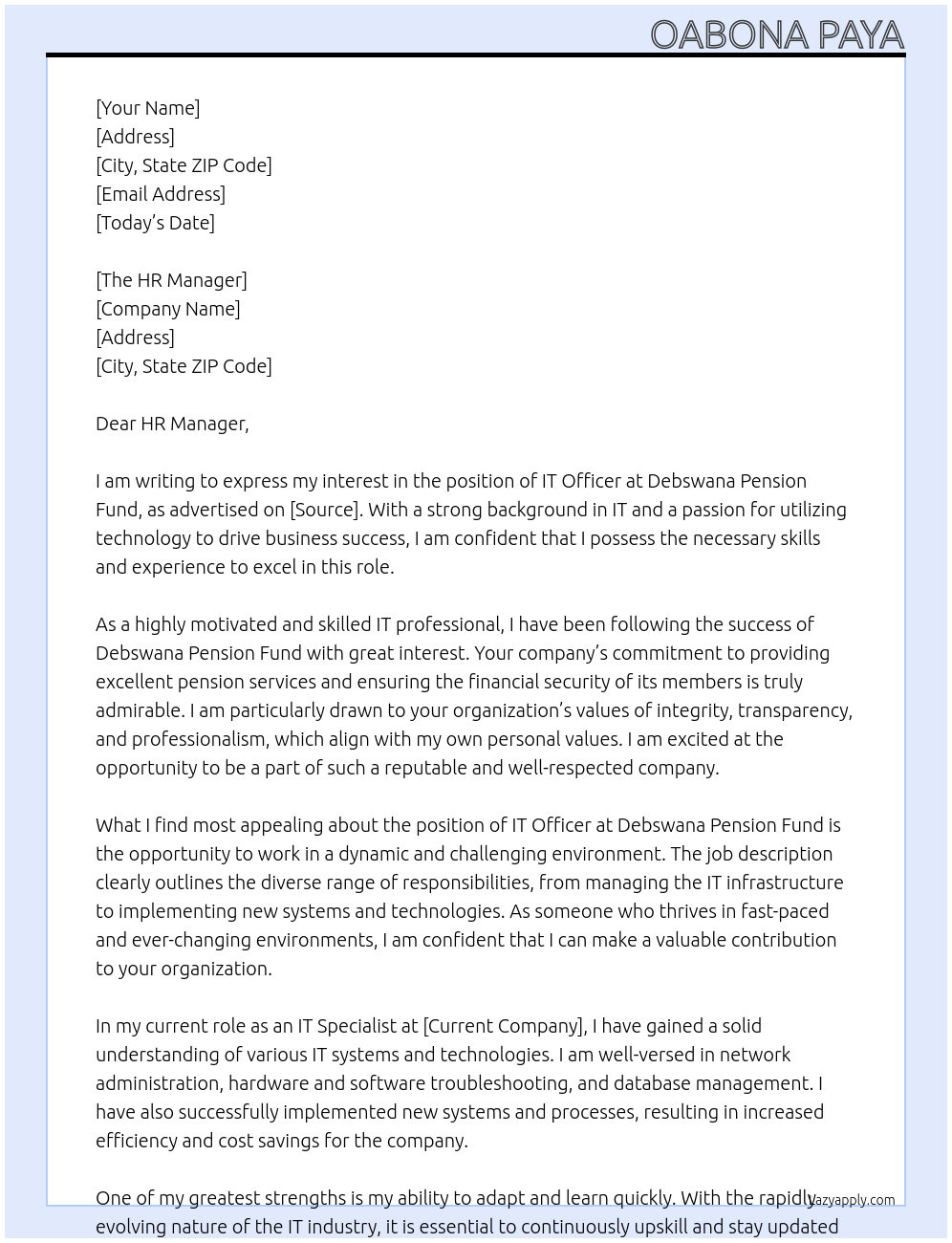 IT Officer At Debswana Pension Fund Cover Letter