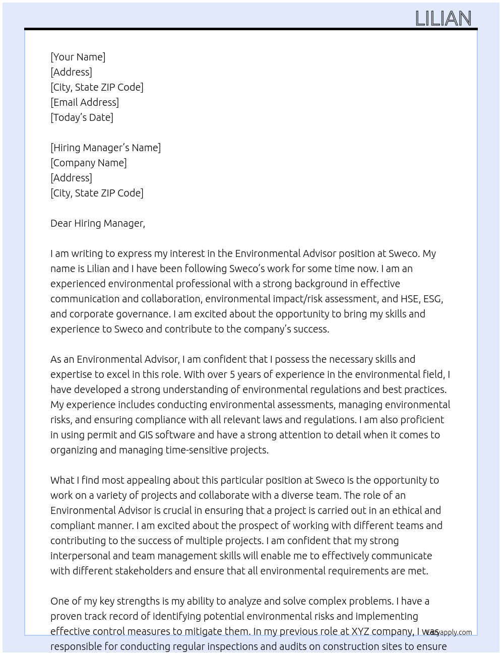 Environmental Advisor At Sweco Cover Letter