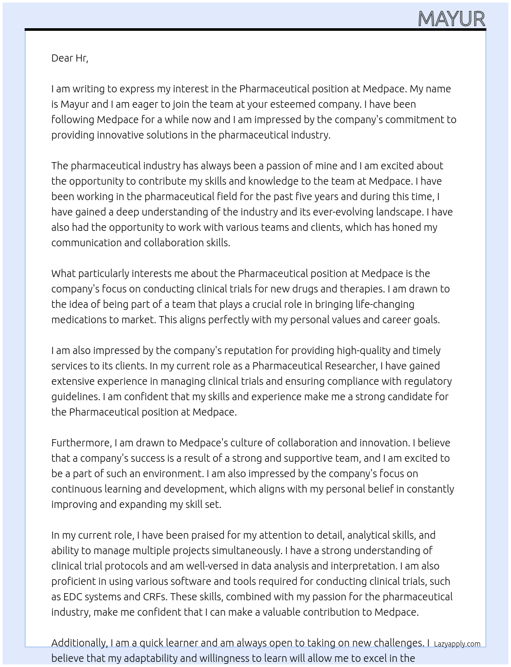 Pharmaceutical  At Medpace  Cover Letter