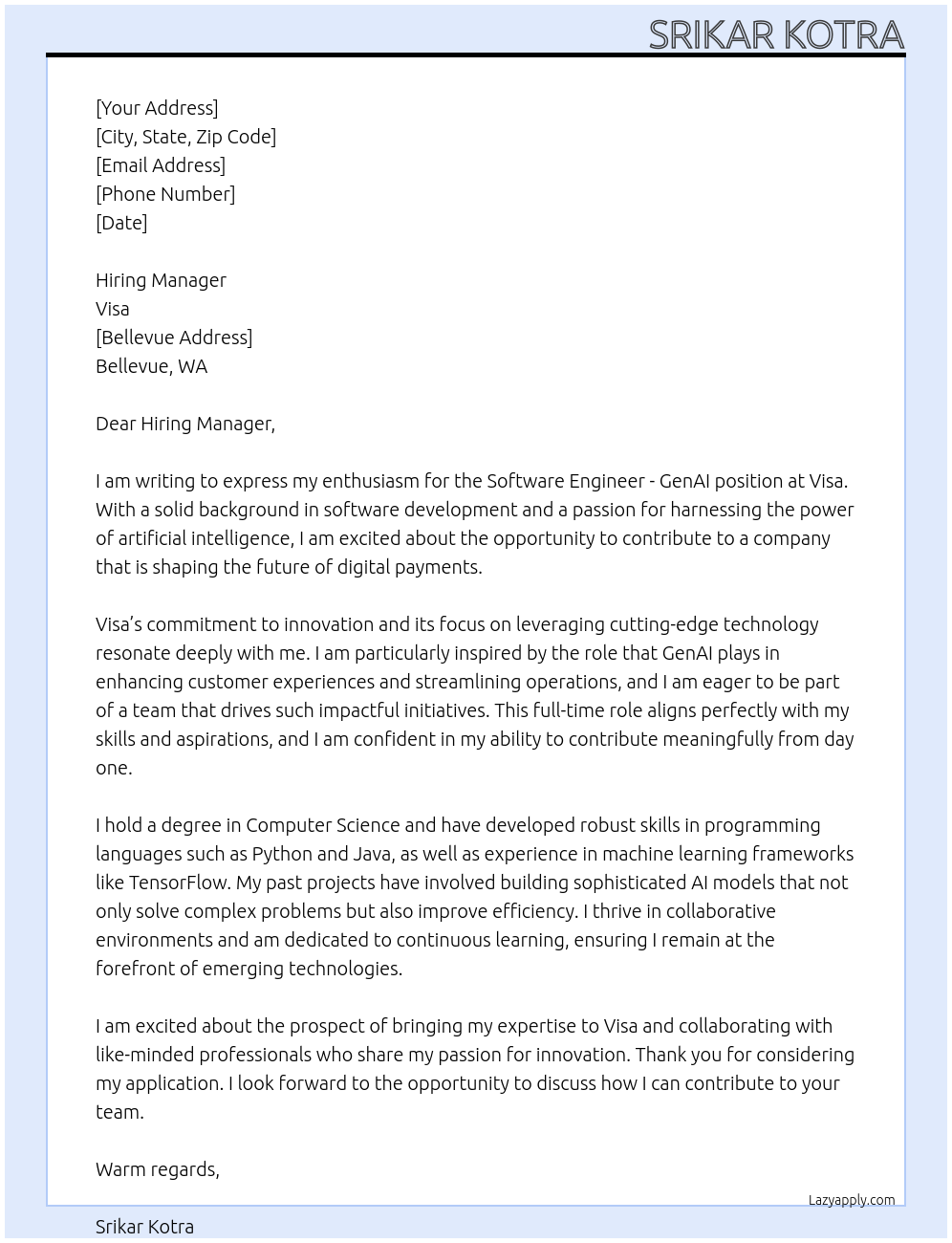 Software Engineer - GenAI At Visa Cover Letter